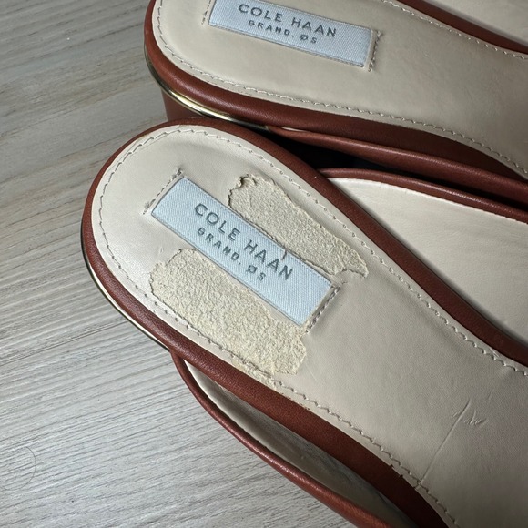 Cole Haan Grand OS Womens Brown Leather Block Heel Mules Gold Trim Slip On 8B - Picture 7 of 10